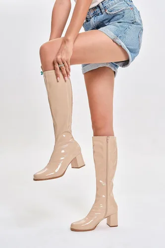 Miniatura 3 de Coutgo Botas altas Gogo para mujer, punta cuadrada, tacón grueso, charol y cremallera sobre la rodilla