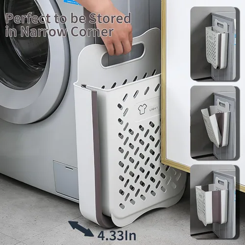 Miniatura 3 de Cestas de lavandería plegables de plástico con asa de transporte, cesta de lavandería para colgar en la pared que ahorra espacio, cesta de Gris