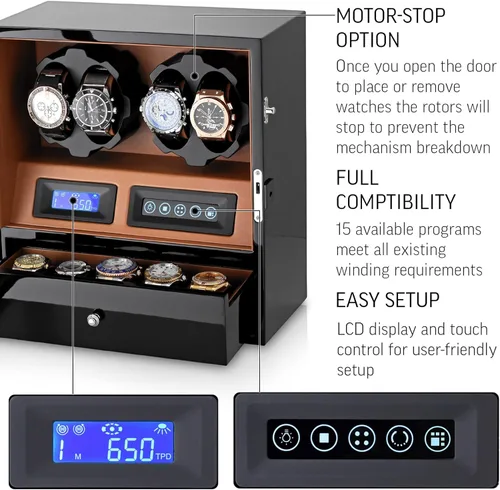 Miniatura 5 de Enrolladora de 4 relojes con 5 espacios de almacenamiento para relojes, pantalla LCD, control táctil y retroiluminación