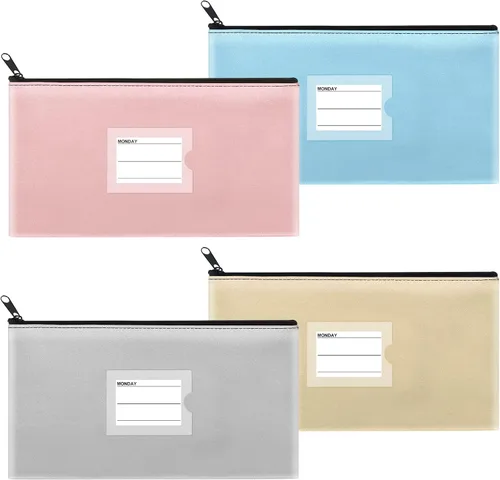 Miniatura 23 de Paquete de 4 bolsas de dinero para depósitos bancarios, cartera de cuero sintético resistente con cremallera con ventana transparente, bolsa