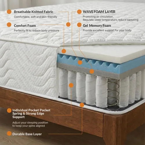 Miniatura 7 de Colchón híbrido Queen de 12 pulgadas en una caja, firmeza media, espuma viscoelástica de gel + bobinas en bolsillos, funda de enfriamiento, soporte