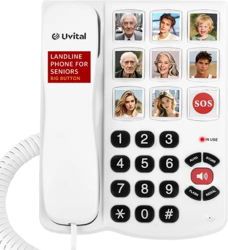 Uvital Teléfono de botón grande para personas mayores, teléfonos fijos con cable para personas mayores con 8 botones grandes de marcación de un solo