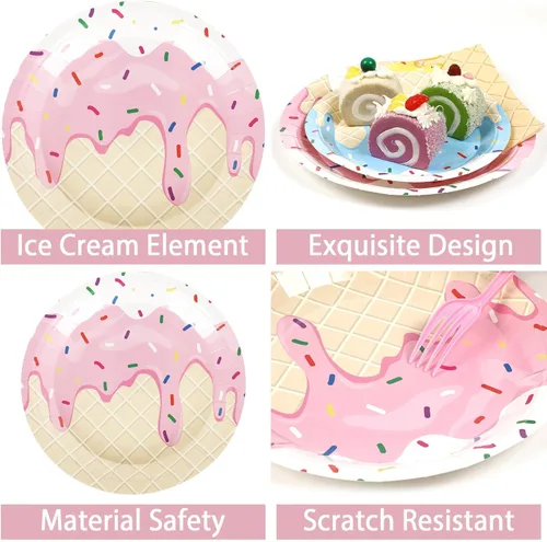 Miniatura 3 de 96 piezas de decoraciones para fiesta de helados, platos temáticos de helado para fiesta de cumpleaños, fiesta de helado dulce de verano, platos