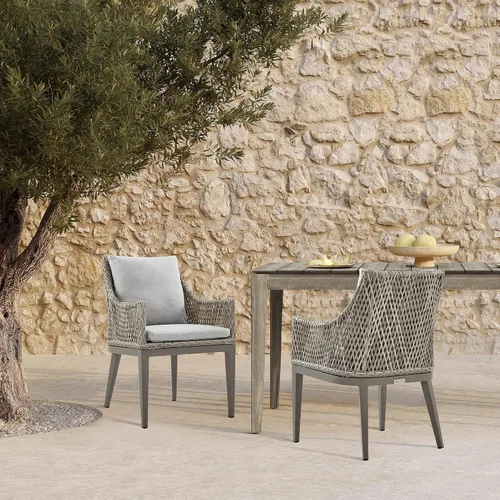 Miniatura 2 de Armen Living Silvana - Silla de comedor de mimbre y aluminio para exteriores con cojines beige - Juego de 2