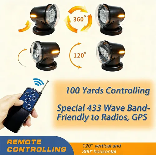 Miniatura 4 de Luz de búsqueda LED con control remoto para barco, foco marino de 60 W, 6000 lm, rotación de 360°, 6000 K, auto-reset, para caza y búsqueda, negra