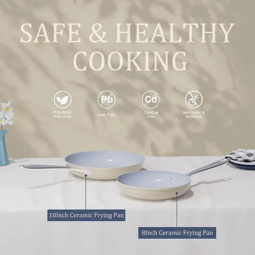 Miniatura 2 de CookinCraze Sartén antiadherente de cerámica de 8 pulgadas para todas las estufas, libre de PTFE/PFOA/PFAS, sartén no tóxica con mango que se Crema