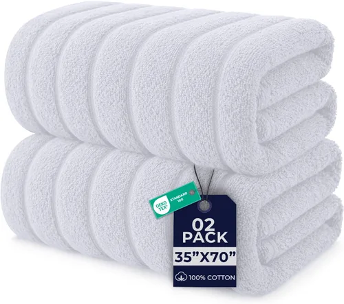 DAN RIVER Paquete de 2 sábanas de baño de 35 x 70 pulgadas, toallas de algodón acanalado súper suaves de secado rápido, toallas de baño blancas de