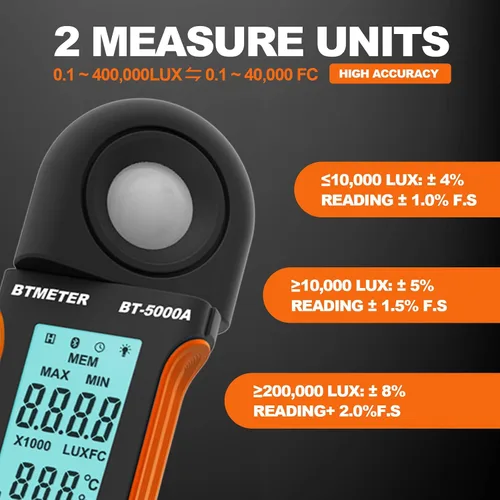 Miniatura 4 de BTMETER Light Lux Meter Logger BT-5000A, probador digital de lúmenes de medición de nivel de iluminación Intensidad 0.1 ~ 400.000 Lux(0.1 ~ 40.000