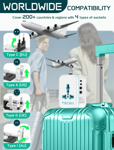 Miniatura 3 de Adaptador de viaje universal en todo el mundo, adaptador de enchufe de viaje europeo TECSIX con 2 USB C, 2 USB A y múltiples salidas de CA, Negro