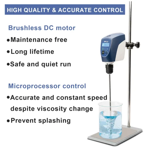 Miniatura 4 de ONiLAB Agitador Eléctrico Superior, Mezclador Agitador Superior Digital LCD con Varilla de Agitación y Soporte, Potente 20L, 10000 mPas, 50~2200RPM