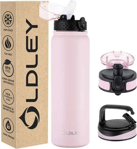 Miniatura 9 de Botella de agua aislada Oldley de 12 oz con pajita, botella de agua de acero inoxidable con 2 tapas, botellas de doble pared con vacío para adultos