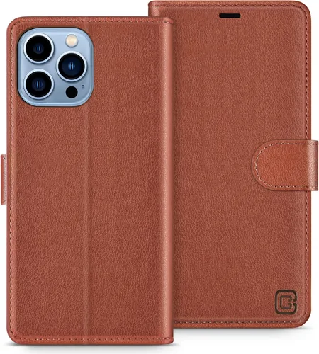 Funda tipo cartera para iPhone 13 Pro Max de 6.7 pulgadas, con bloqueo RFID, tarjeteros, función atril, cierre magnético, de piel sintética, Coñac