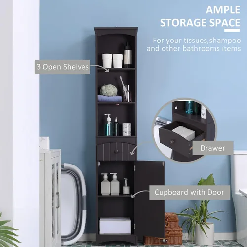 Miniatura 4 de HOMCOM Armario de almacenamiento para baño, unidad de almacenamiento de baño independiente, torre alta de lino con estantes y cajón de 3 niveles