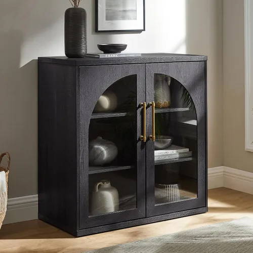 ACCOHOHO Aparador de puerta arqueada de vidrio, gabinete de buffet con estante ajustable, armario modular de madera para comedor, sala de estar,