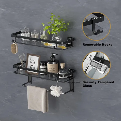 Miniatura 3 de VOLPONE Estante de vidrio para baño de 15.7 pulgadas, estantes de baño negros, estantes de vidrio templado montados en la pared con 4 ganchos