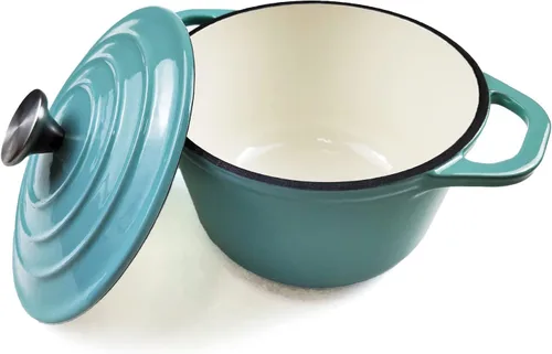 Miniatura 3 de HAWOK Horno holandés de hierro fundido esmaltado con tapa, 5 cuartos de galón, horno holandés redondo profundo con asas dobles, verde