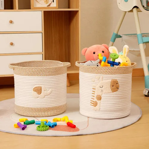 Miniatura 3 de Cestas de almacenamiento de juguetes tejidas de cuerda de algodón para niños, cestas de manta para sala de estar, organizador de juguetes con Jirafa