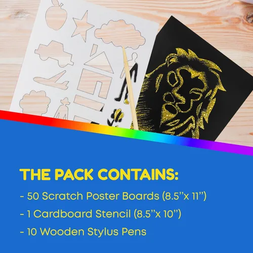 Miniatura 2 de Hygloss Products Scratch Fun - Juego de arte de papel de rascar negro mate para niños, el kit incluye 50 papeles holográficos plateados, 8.5 x 11