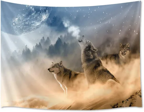 Miniatura 8 de HVEST Tapiz de pared de lobo para colgar en la pared, tapiz de animales salvajes, lobos aullidos en tapices nevados, escena de nieve de invierno