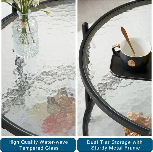 Miniatura 6 de VINGLI 65 cm Mesa pequeña redonda de centro de vidrio de onda de agua en negro mate, mesa central con diseño de almacenamiento moderno de 2 niveles