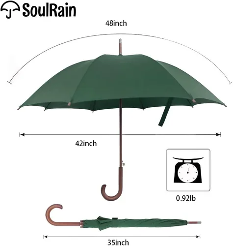 Miniatura 4 de SoulRain Paraguas de arco clásico con mango de madera de 48 pulgadas, apertura automática, resistente al viento, irrompible, paraguas de lluvia