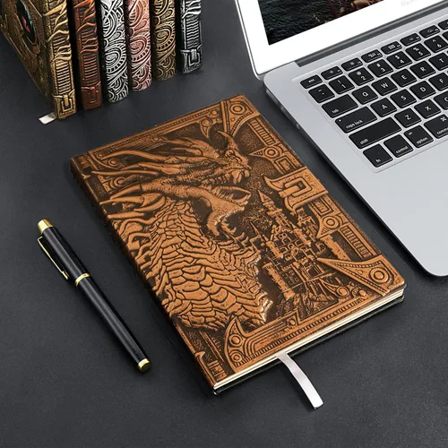 Miniatura 5 de DND - Cuaderno de Dungeon and Dragon de cuero en relieve 3D, diario de dragón con bolígrafo negro y funda para bolígrafo, diario de viaje vintage