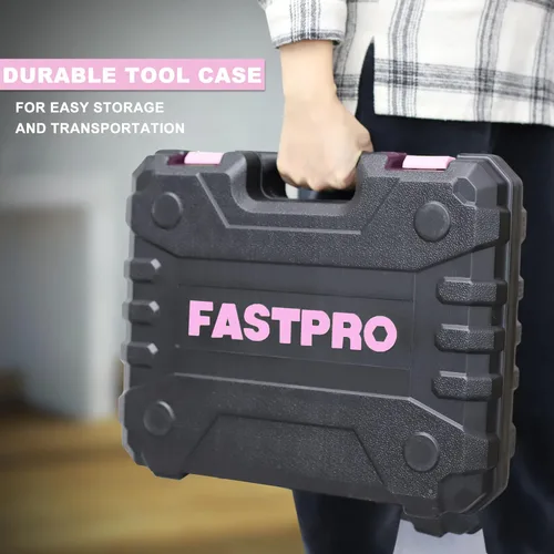 Miniatura 9 de FASTPRO Juego de herramientas para el hogar y taladro de iones de litio inalámbrico de 177 piezas de 20 V rosa con taladro en estuche