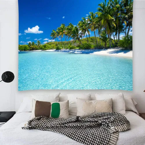 Miniatura 3 de YISURE Tapiz de playa oceánica para colgar en la pared, 80 x 60 pulgadas, diseño de palmera paraíso tropical, cocotero, decoración de pared hippie