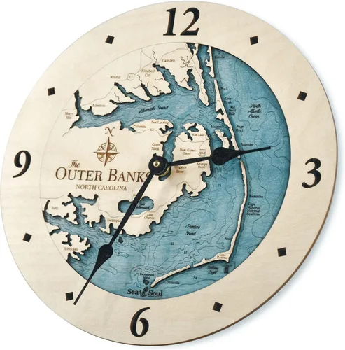 Sea & Soul Outer Banks - Reloj de pared de 12 pulgadas, hecho a mano en los Estados Unidos, reloj topográfico de mapa de agua, reloj de pared de