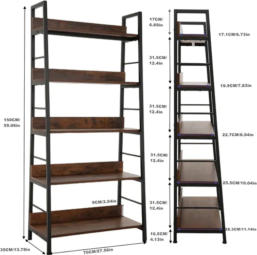 Miniatura 3 de Himimi Estantería industrial, estante de escalera grande de 5 niveles, estante de almacenamiento independiente, estantes inclinados para libros