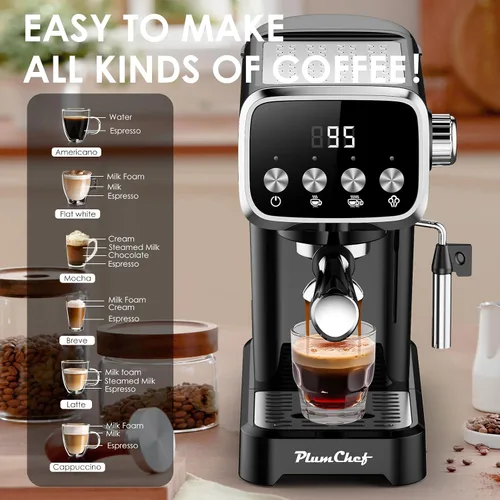 Miniatura 7 de PlumChef 20BAR - Máquina de café espresso vertical delgada con espumador de leche, calentador de tazas integrado, tanque desmontable de 43 onzas