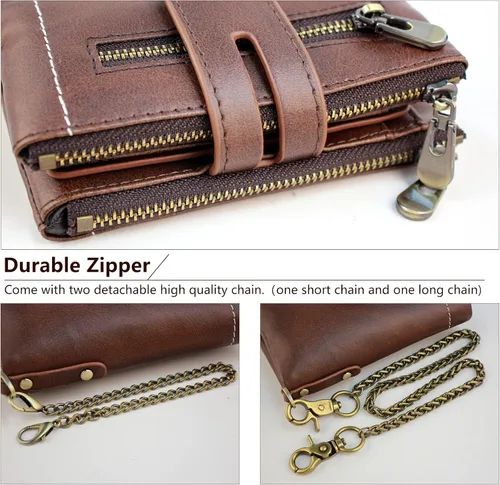 Miniatura 4 de iSamzan Billeteras de cuero para hombre, con bloqueo RFID, con doble cremallera, bolsillo para monedas con cadena antirrobo, carteras