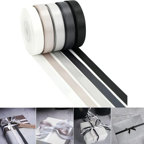 HUIHUANG Cinta Negra Blanca Plateada de 3/8" Cinta de Satén Surtida 5 Colores Cinta de Color Sólido de Doble Cara para Envoltura de Regalos de Días