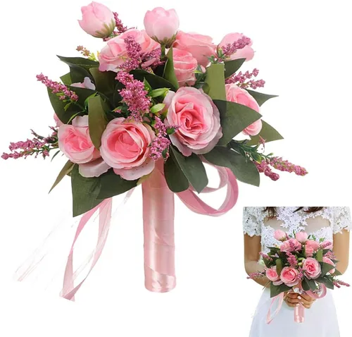 Miniatura 11 de EUBUY Ramos de boda para dama de honor, rosas artificiales blancas de 10.2 pulgadas, juego de ramos de seda de la serie Forest con lazo de cinta