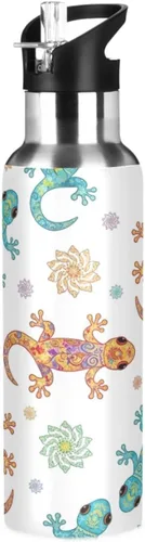 Insulated Stainless Steel Water Bottle with Straw 20 Oz, BPA-Free Sports Water Bottle for Gym Outdoor Travel School, Funny Geckos Print