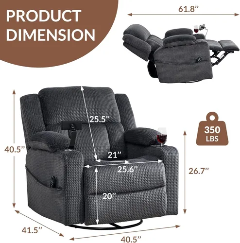 Miniatura 2 de Dual Motor Large Power Recliner Chair with Massage and Heat 270 Swivel Rocker Recliners with Adjustable Headrest Phone Holder for Living Room