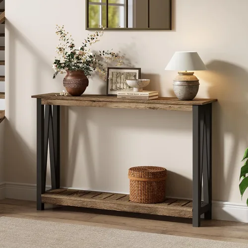 Miniatura 7 de ChooChoo Mesa de Consola para Entrada, Mesas de Sofá para Sala de Estar Estilo Granja, Mesa Estrecha para Pasillo y Vestíbulo con Estante, Negro