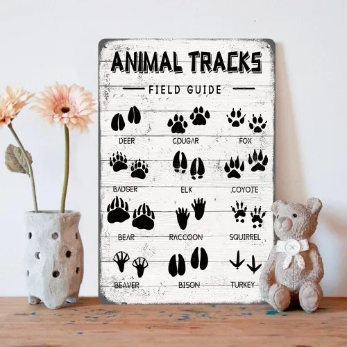 Miniatura 6 de Animal Tracks - Letrero de metal con guía de campo, arte de pared, cabaña de troncos, bosque, caza, guardería de niños, decoración rústica para casa