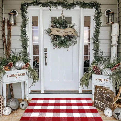 Miniatura 40 de Alfombra de Navidad a cuadros para exteriores, 2 x 4 pies 3 pulgadas, rojo y negro, alfombra de área para interiores y exteriores, alfombra de capas