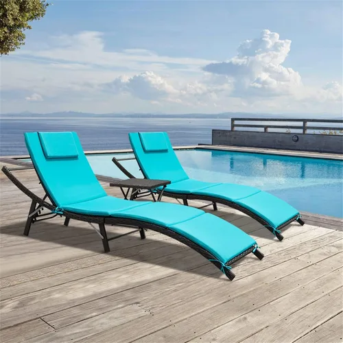 GUNJI Tumbonas para exteriores de 3 piezas, tumbonas ajustables para patio, juego de 2 tumbonas de mimbre para exteriores con mesa, tumbona plegable