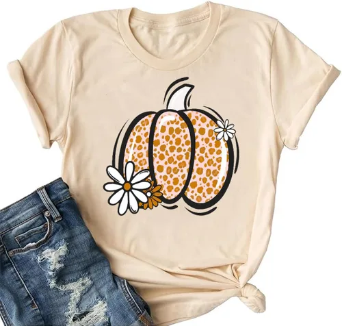 Miniatura 33 de Woffccrd - Camisetas divertidas con estampado de calabaza y leopardo para mujer, camisetas gráficas de manga corta de Halloween para mujer