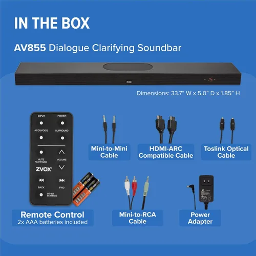 Miniatura 7 de ZVOX AccuVoice AV855 - Barra de sonido aclaradora de diálogo, tecnología auditiva patentada con 20 niveles de refuerzo de voz, subwoofers duales