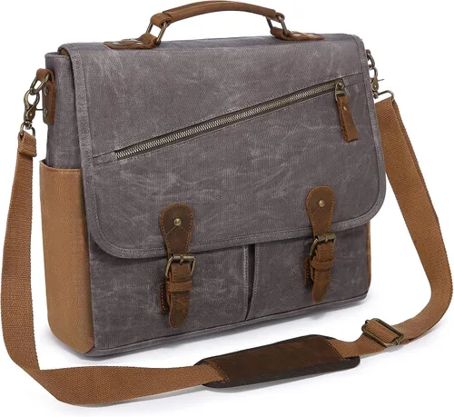 LOVEVOOK Bolso bandolera para hombre de cuero auténtico impermeable de lona retro de 156 pulgadas para laptop para el trabajo la escuela los viajes
