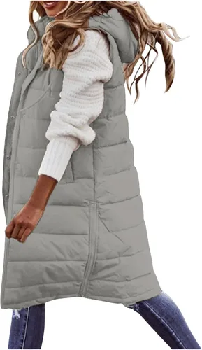 Miniatura 13 de Chaleco largo para mujer, sin mangas, acolchado, con cremallera, capucha, abrigo de invierno cálido, ligero, con bolsillos