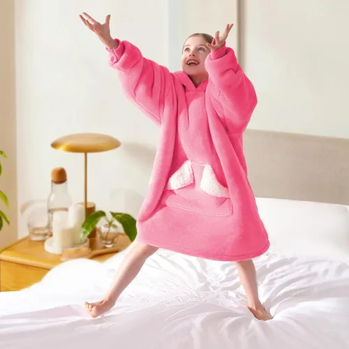 Miniatura 7 de Touchat Manta Ponible con Capucha, Sudadera de Manta Sherpa Oversized con Capucha, Bolsillo y Mangas, Manta con Capucha de Felpa Súper Suave y Rosa
