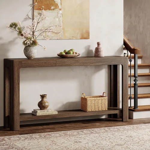 Miniatura 6 de Tribesigns - Mesa de consola de entrada de 63 pulgadas, mesa de sofá de 2 niveles estilo granja estrecha detrás del sofá, mueble de consola