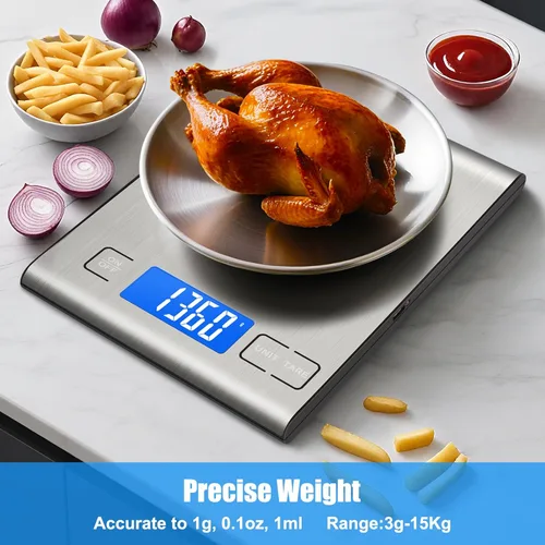 Miniatura 4 de Diyife - Báscula de alimentos recargable de 33 libras, báscula digital de cocina de acero inoxidable 304 con 3 botones, peso gramos y onzas