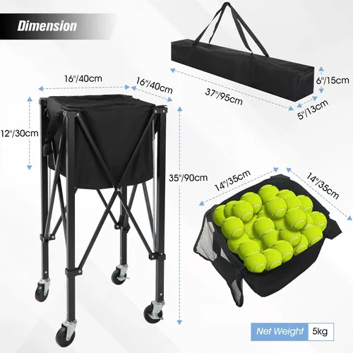 Miniatura 3 de Tolva portátil para pelotas de tenis con capacidad para 200 bolas, carrito de canasta de pelota de tenis con 4 ruedas y frenos, bolsa de tela Oxford
