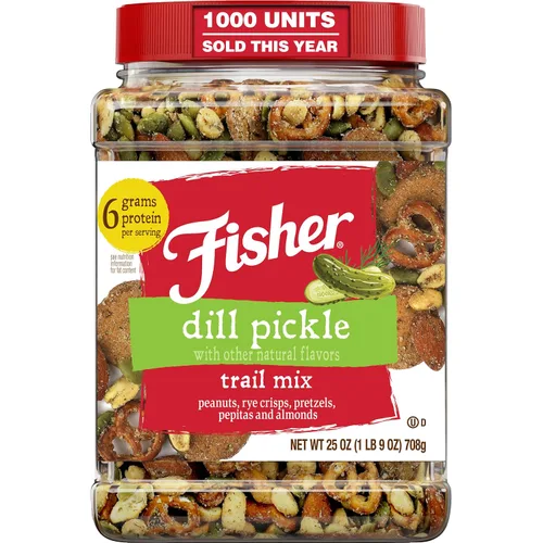 Fisher Dill Pickle Trail Mix, 25 onzas (paquete de 1), tarro resellable, cacahuetes, patatas fritas de centeno, pretzels, pepitas y almendras,