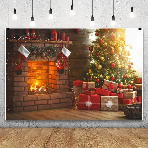 Miniatura 3 de Laeacco Telón de fondo de fotografía de chimenea de Navidad de 7 x 5 pies, telón de fondo de Navidad para interiores, árbol mágico que brilla